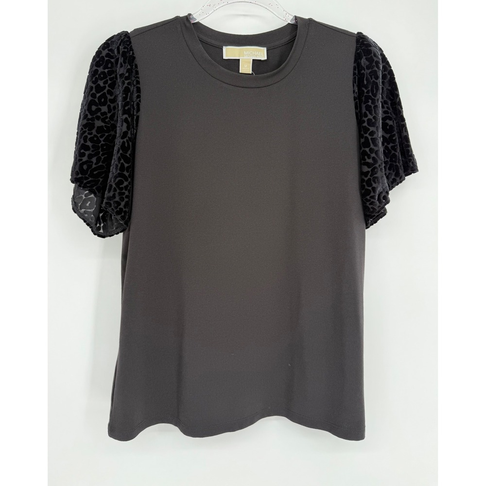 Michael Kors Womens Black Velvet Leopard Puff Sleeve Top Sz M
